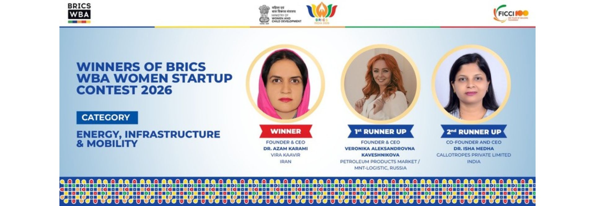 BRICS WBA Women Startup Contest Winner and Runners-up in Energy, Infrastructure & Mobility Category