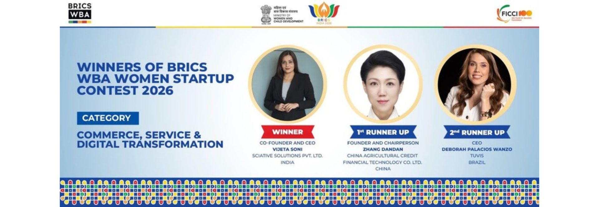 BRICS WBA Women Startup Contest Winner and Runners-up in Commerce, Service & Digital Transformation Category
