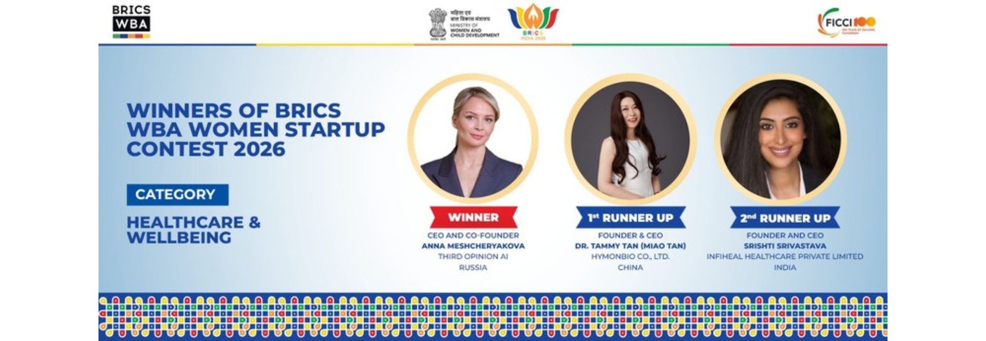 BRICS WBA Women Startup Contest Winner and Runners-up in Healthcare & Wellbeing Category