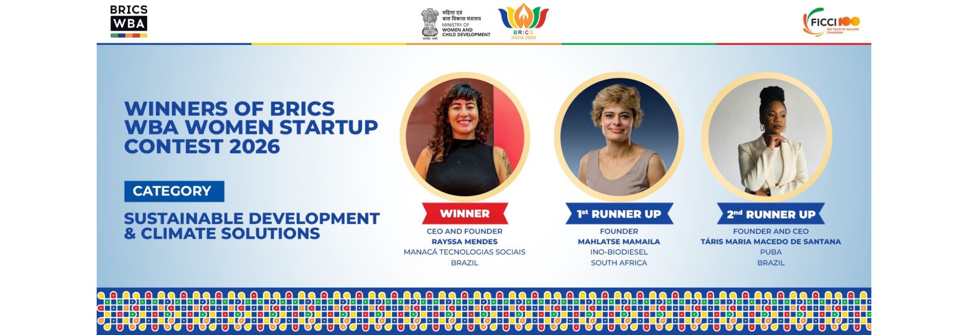 BRICS WBA Women Startup Contest Winner and Runners-up in Sustainable Development & Climate Solutions Category